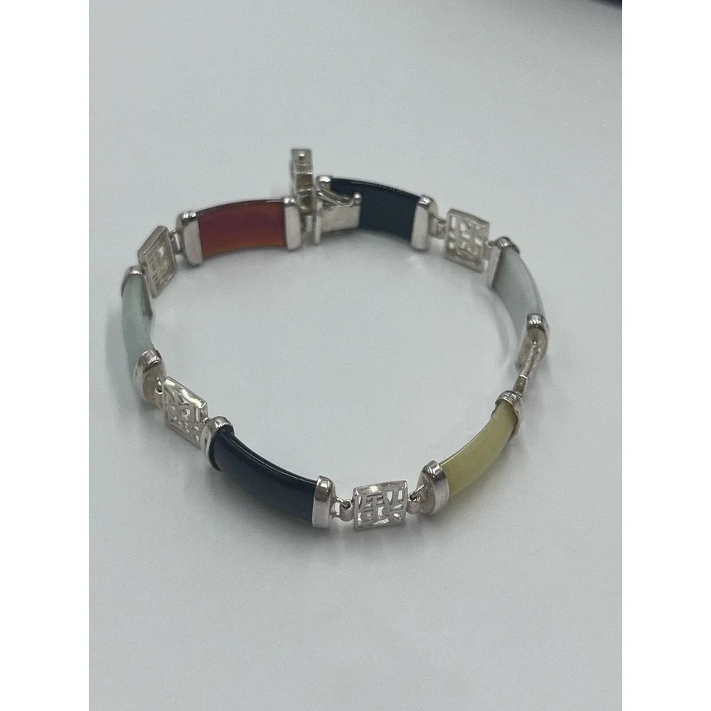 Vintage 1960's Signed Chinese Jadeite Sterling Panel Link Bracelet 7.5